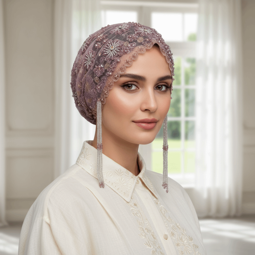 قبعة توربان لامعة بخرز وشراشيب - مراجعة Home Decor Indonesia وسعره
