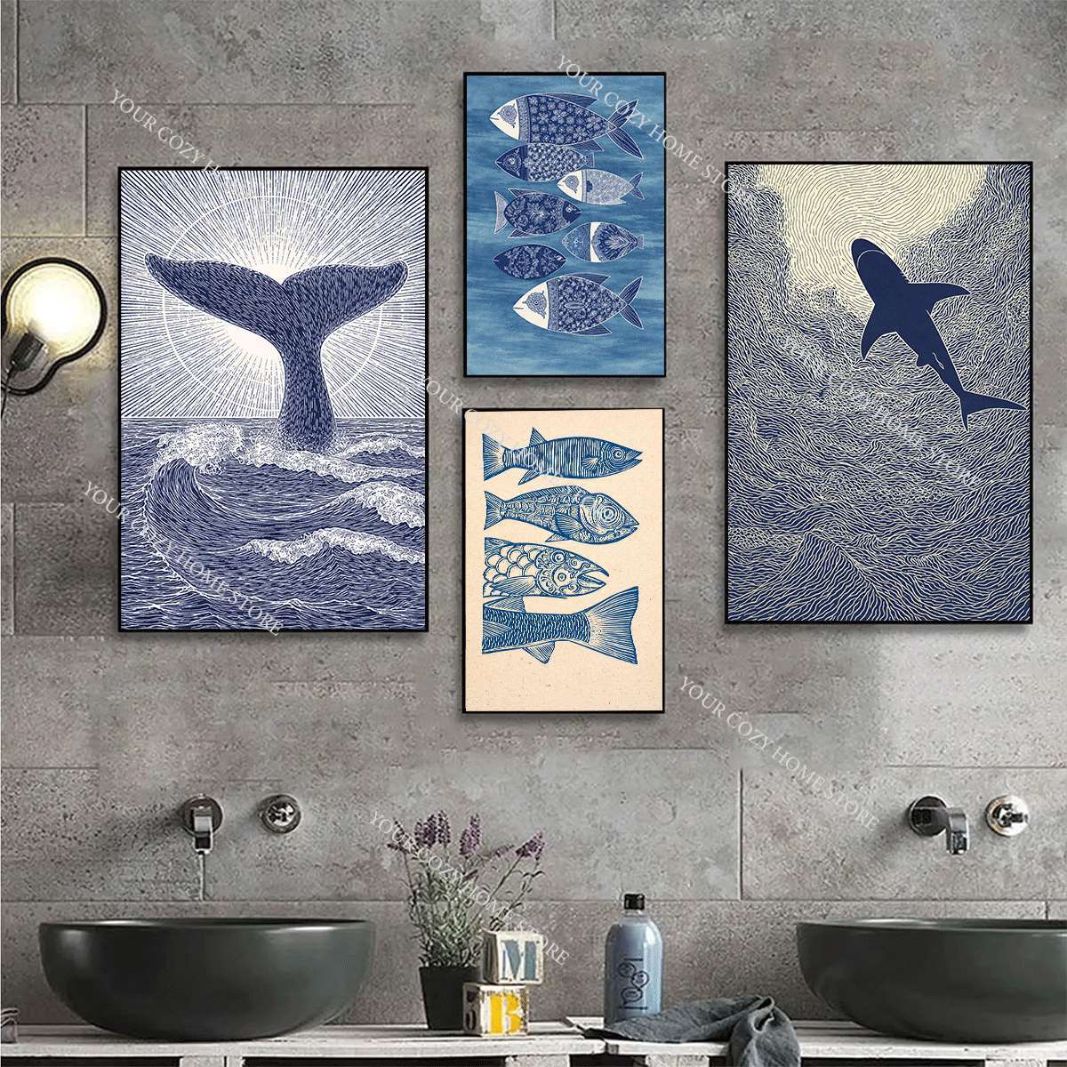 ملصق فني بسيط بتصميم أسماك وأم - مراجعة Home Decor Nautical وسعره