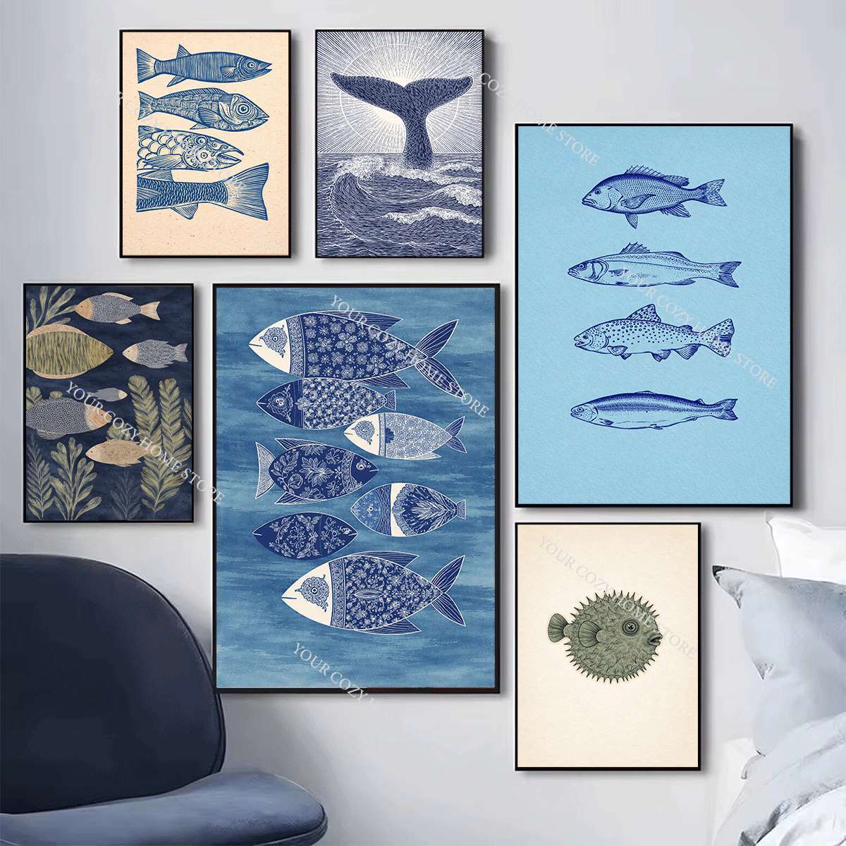 ملصق فني بسيط بتصميم أسماك وأم - مراجعة Home Decor Nautical وسعره